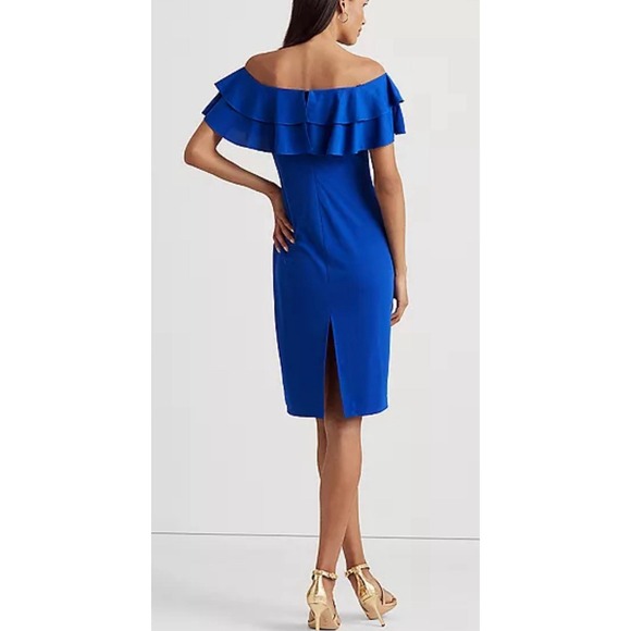 NWT Lauren Ralph Lauren Women's Jersey Off-the-Shoulder Cocktail Dress Blue Sz 2 - Picture 7 of 9